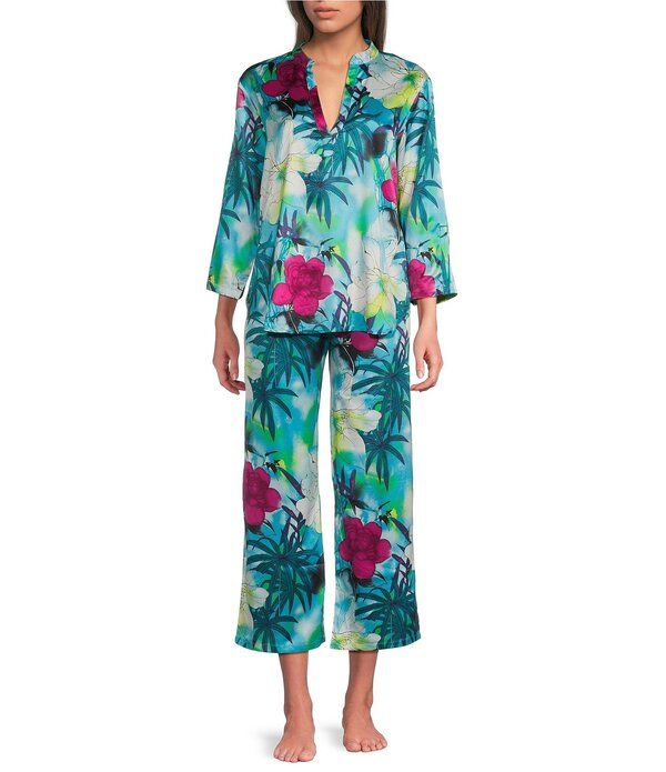 ナトリ レディース アンダーウェア ナイトウェア フラワー柄 プリント サテン フラワー N by Natori Viva Satin Tropical Floral Print Long Sleeve Mandarin Collar Long Pajama