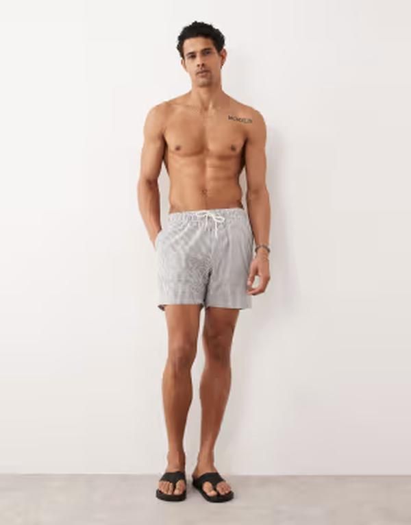 エイソス メンズ 水着 ハーフパンツ・ショーツ ショートパンツ ASOS DESIGN seersucker swim shorts in mid length stripe Black ブラック