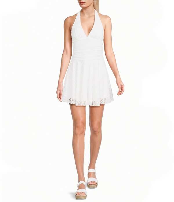 ミッドナイト ドール レディース トップス ワンピース Vネック レース ホルター Midnight Doll Textured Lace Halter VNeck Crochetrim Skater Dress White ホワイト