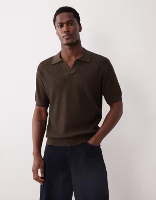 マンゴ メンズ アウター ニット・セーター コットン Mango 100 cotton knit camp collar short sleeve sweater BROWN ブラウン