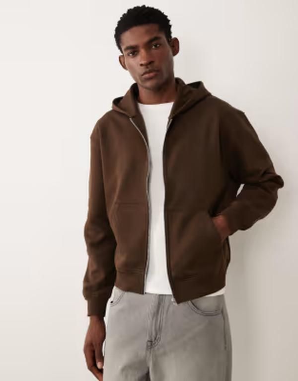 エイソス メンズ アウター パーカー・スウェット フルジップ ASOS DESIGN Essentials boxy relaxed zip throughoodie Demitasse ブラウン