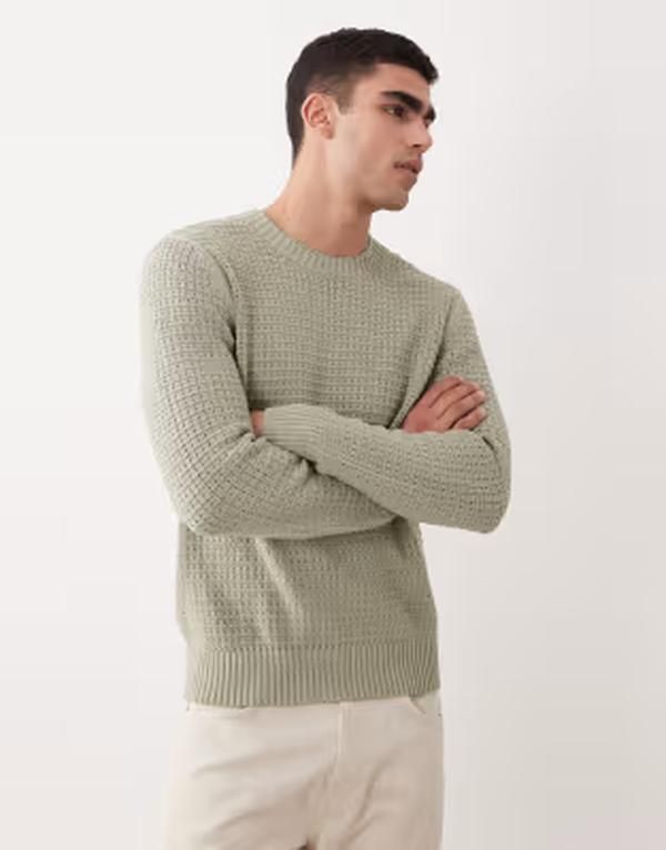 マンゴ メンズ アウター ニット・セーター Mango waffle knit sweater in sage GREEN グリーン