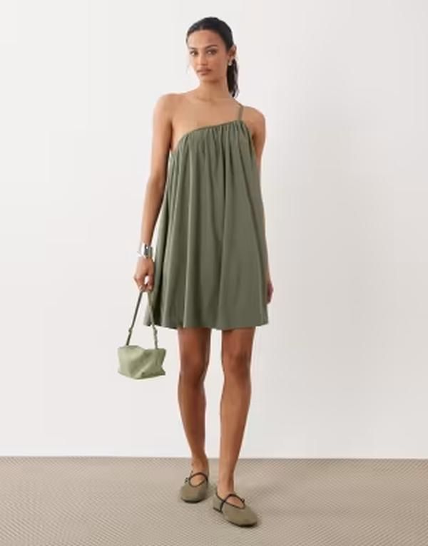 エイソス レディース トップス ワンピース ミニ ASOS DESIGN textured one shoulder mini dress GREEN グリーン