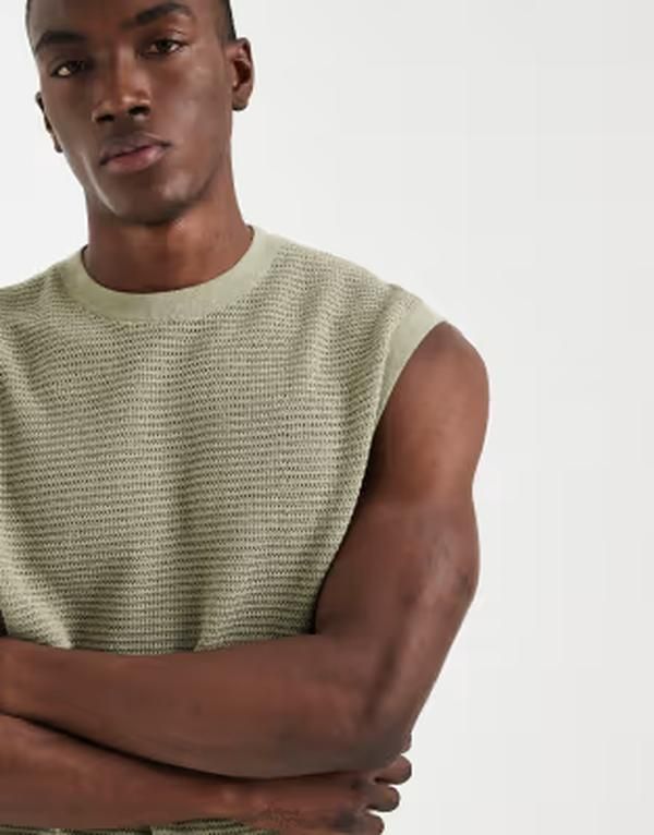 エイソス メンズ トップス ベスト ニット ASOS DESIGN oversized knit crochetankhaki カーキ