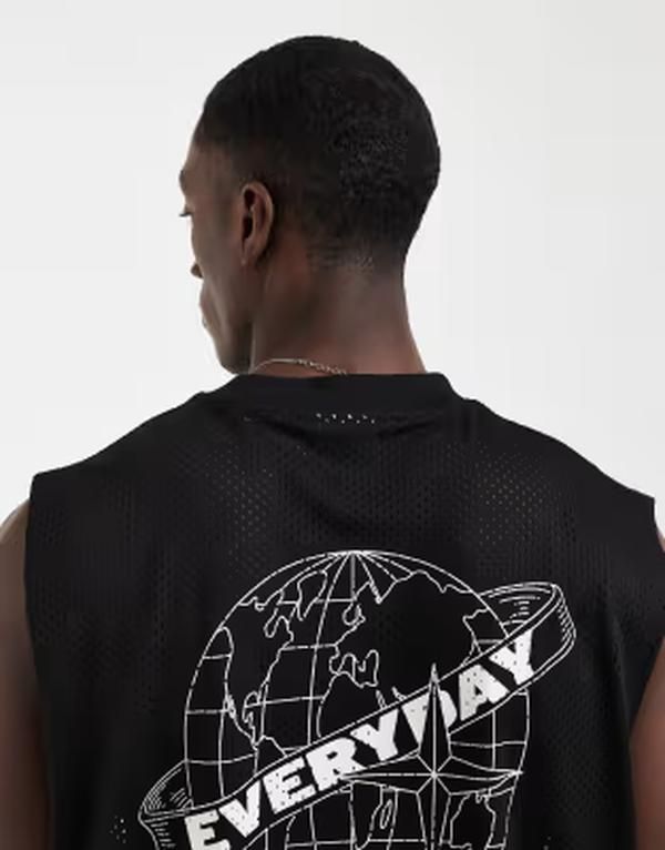 エイソス メンズ トップス ベスト グラフィック ASOS DESIGN oversized tank with globe graphic airtex fabric Black ブラック