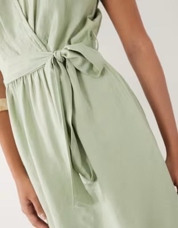 ヴィラ レディース トップス ワンピース ミニ リネン VILA linen blend wrap front mini dress with tie belt in smoke green スモーク