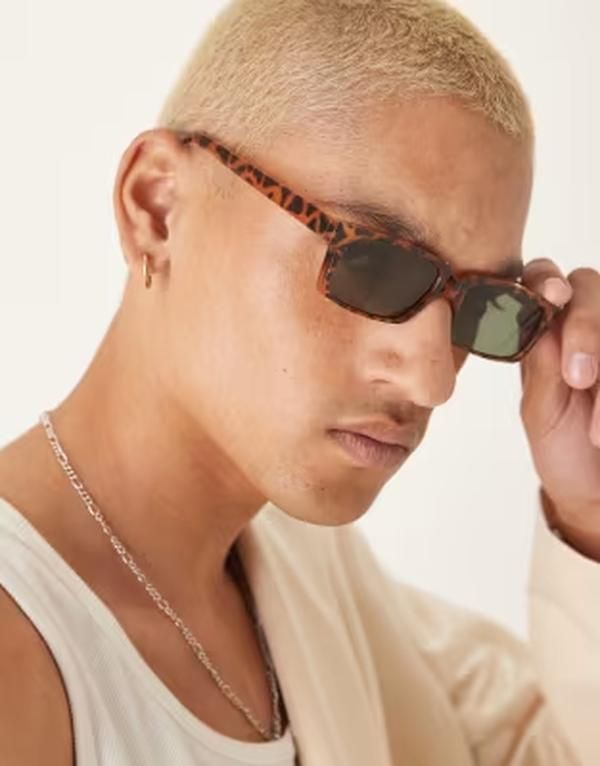 エイソス メンズ アクセサリー サングラス・アイウェア ASOS DESIGN rectangle sunglasses with green smoke lens and tortoiseshell frame BROWN ブラウン