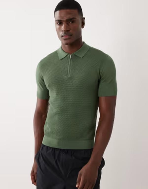 マンゴ メンズ トップス ポロシャツ ハーフジップ Mango quarter zipolo shirt GREEN グリーン