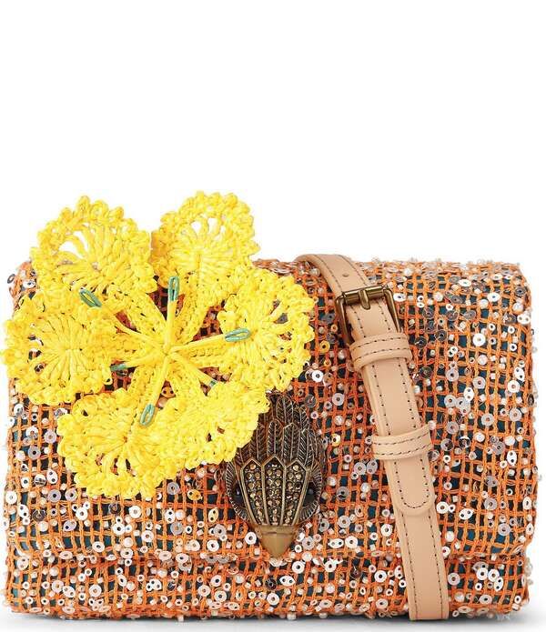 カートジェイガーロンドン レディース バッグ ミニ オーバーレイ スパンコール Kurt Geiger London Kurts Cabana Mini Kensington Flap Sequin Woven Overlay Crossbody Bag Or