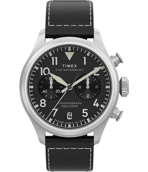 タイメックス レディース アクセサリー 腕時計 レザー Timex Mens Waterbury Quartz Chronograph Leather Strap Watch Black ブラック