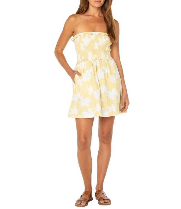 ロキシー レディース トップス ワンピース フラワー柄 プリント ストラップレス リネン フラワー Roxy Avalon Floral Printed Strapless Linen Blendress Raffia