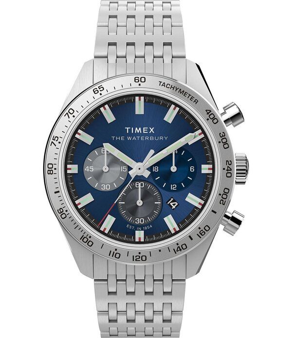 タイメックス レディース アクセサリー 腕時計 Tシャツ Timex Mens Waterbury Quartz Chronograph Stainlessteel Bracelet Watch Silver シルバー