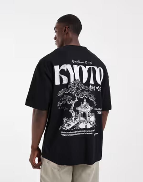 エイソス メンズ トップス Tシャツ グラフィック ASOS DESIGN oversized Tshirt with Kyoto graphic Black ブラック