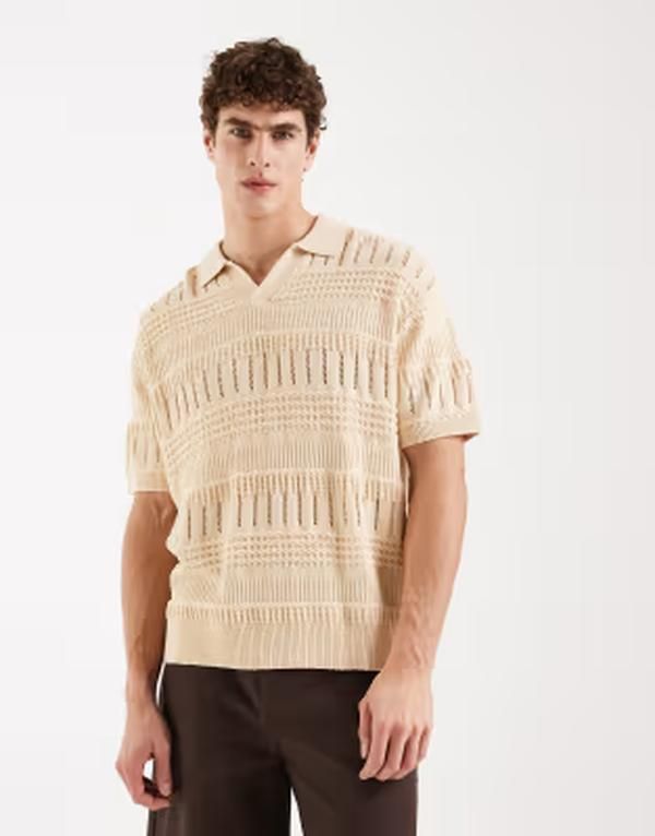 レディファインド レブル メンズ トップス ポロシャツ ニット Redefined Rebel Adam boxy fit short sleeve knit polo in ecru エクリュ