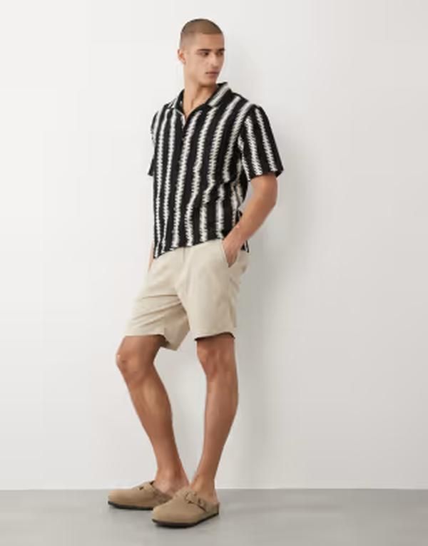 スリードベア メンズ ボトムス ハーフパンツ・ショーツ ドローコードウエスト ショートパンツ リネン Threadbare linen mix drawstring waist shorts in stone ストーン