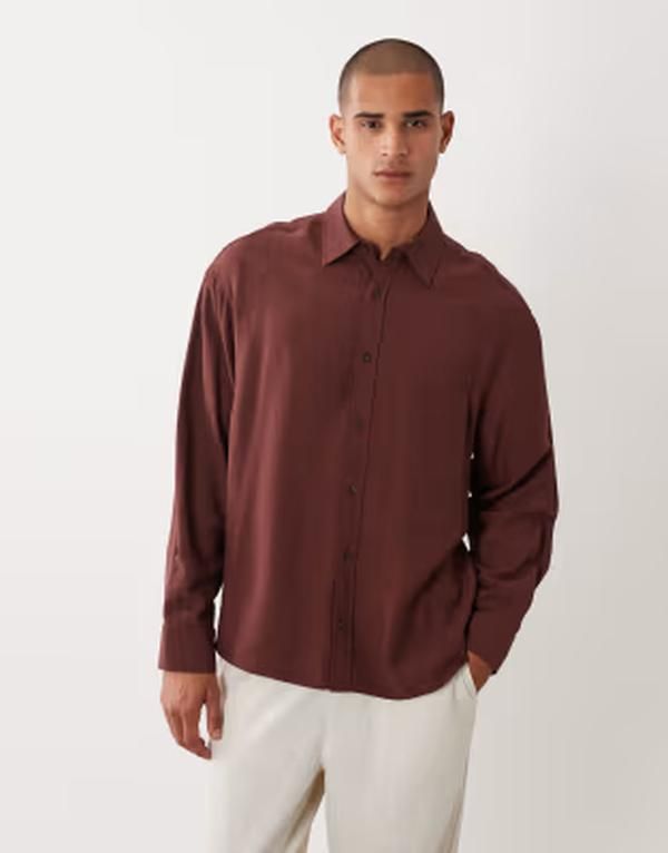 エイソス メンズ トップス シャツ ASOS DESIGN oversized crinkle textured shirt BROWN ブラウン