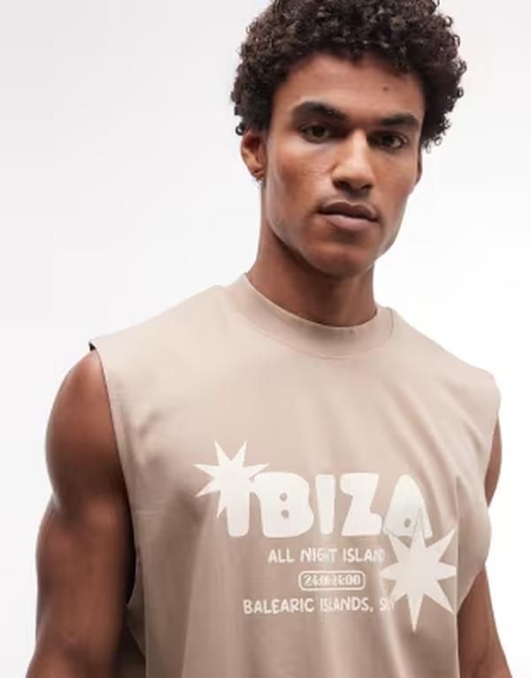 エイソス メンズ トップス ベスト グラフィック ASOS DESIGN oversized tank with Ibiza graphic in mocha meringue モカ