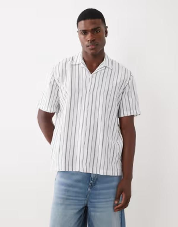 セレクティッド メンズ トップス シャツ リネン Selected linen blend short sleeve shirt stripes Bright White ホワイト