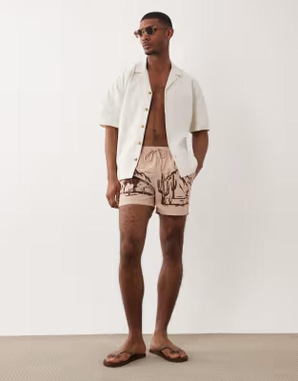 サウスビーチ メンズ 水着 ハーフパンツ・ショーツ プリント ショートパンツ South Beach western print swim shorts in light BROWN ブラウン