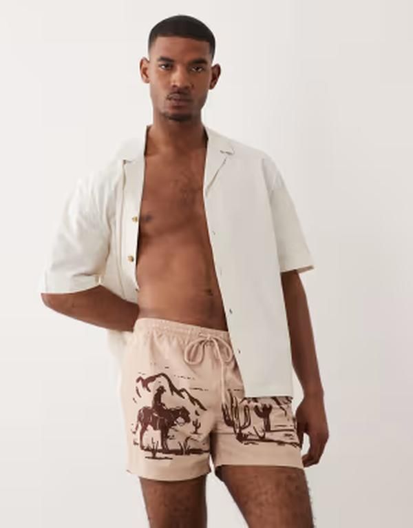 サウスビーチ メンズ 水着 ハーフパンツ・ショーツ プリント ショートパンツ South Beach western print swim shorts in light BROWN ブラウン