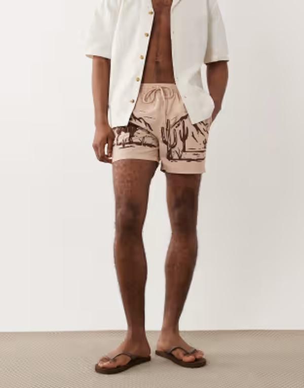 サウスビーチ メンズ 水着 ハーフパンツ・ショーツ プリント ショートパンツ South Beach western print swim shorts in light BROWN ブラウン