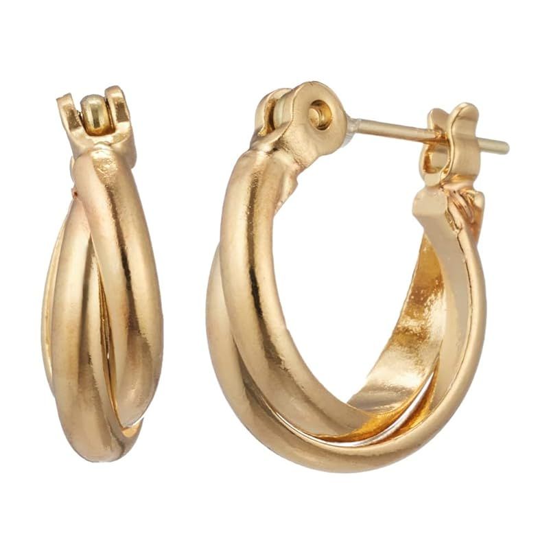 [ヒリーズ] 日本製 18金 ピアス 小さな ダブル リング フープ 18K K18 金属アレルギー キャッチレス ワンタッチ Double ring hoop 3739 (ゴールド 12mm)
