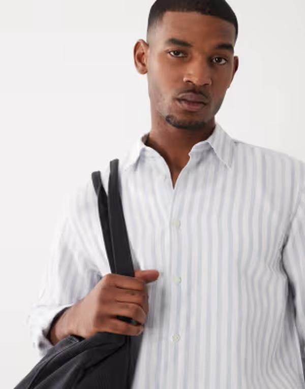 セレクティッド メンズ トップス シャツ リネン Selected linen blend long sleeve shirt stripes Dusty Blue Stripes ブルー