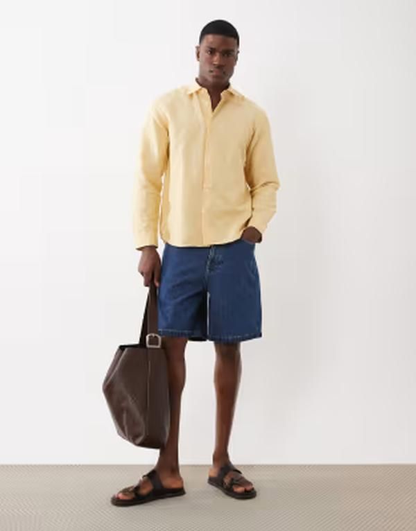 セレクティッド メンズ トップス シャツ リネン Selected linen blend long sleeve shirt in yellow Ochre イエロー