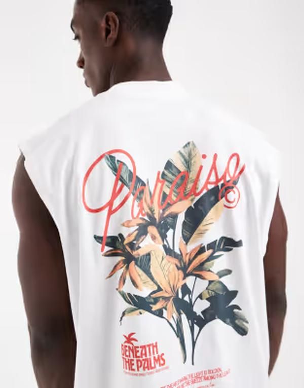 エイソス メンズ トップス ベスト グラフィック ASOS DESIGN oversized tank with leaf graphic WHITE ホワイト
