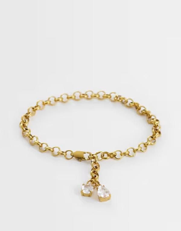 エイソス メンズ アクセサリー ブレスレット・バングル・アンクレット Tシャツ ASOS DESIGN waterproof stainlessteel round link bracelet with double crystal stone pendant