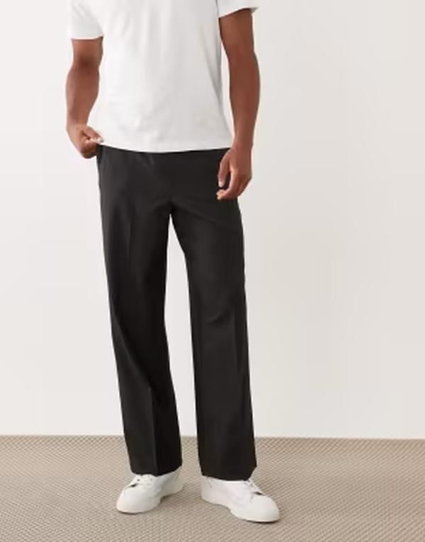エイソス メンズ ボトムス カジュアルパンツ ワイドレッグ ASOS DESIGN comfort stretch wide leg dress pants with elastic waist in charcoal チャコール