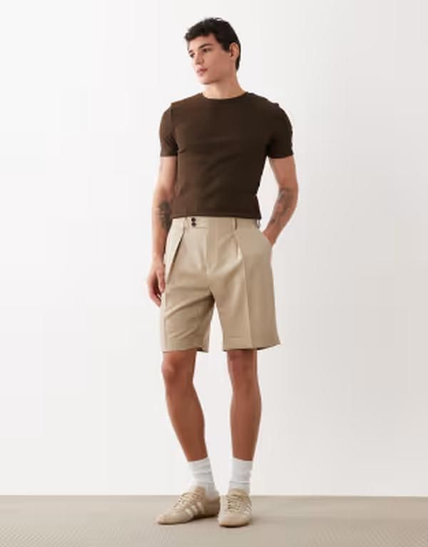 エイソス メンズ ボトムス ハーフパンツ・ショーツ レギュラーフィット ウール ショートパンツ ASOS DESIGN premium 100 wool regular fit shorts in stone ストーン
