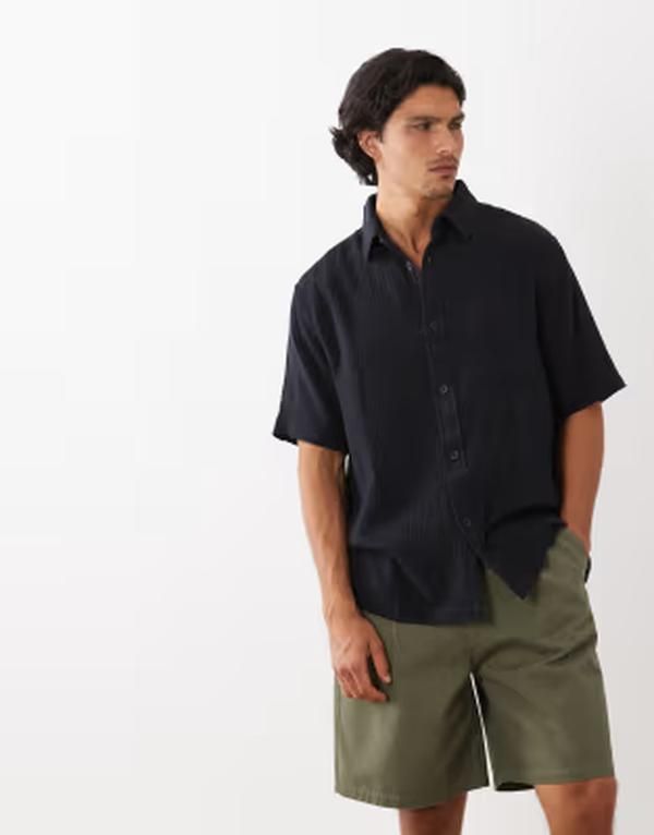 エイソス メンズ トップス シャツ ASOS DESIGN relaxed cheesecloth shirt Black ブラック