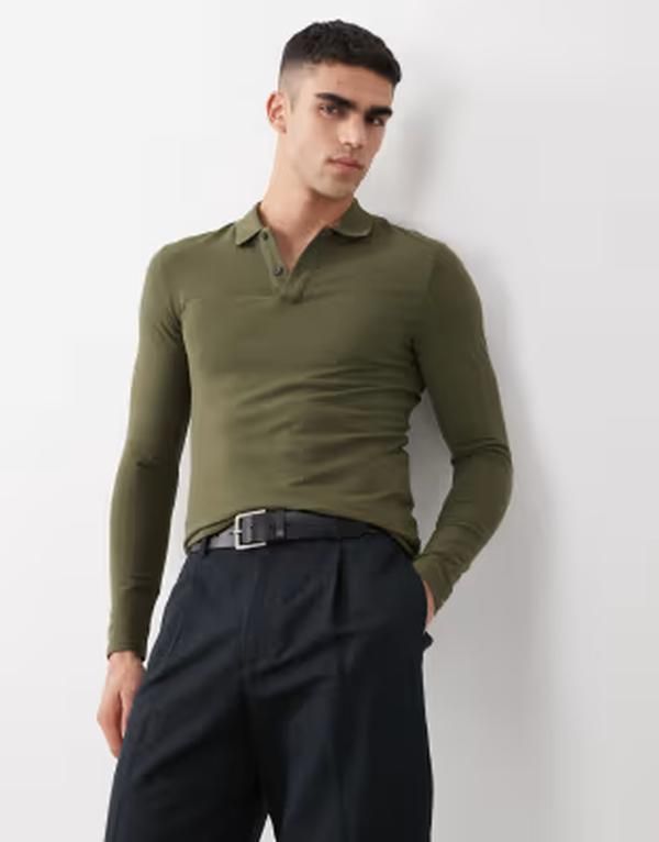 エイソス メンズ トップス ポロシャツ ASOS DESIGN Essentials long sleeve muscle fit polo pique Olive night オリーブ