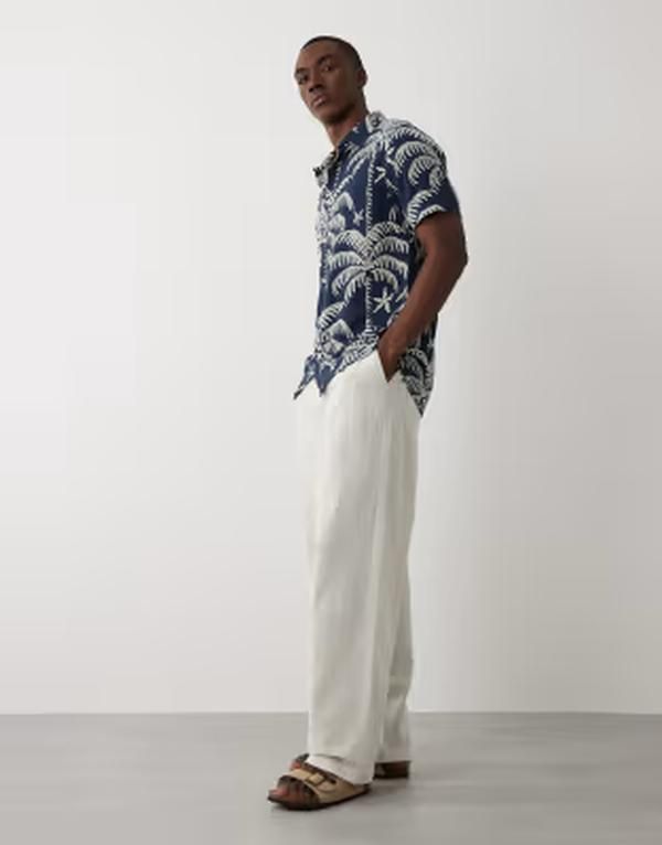 スリードベア メンズ トップス シャツ プリント Threadbare short sleeve shirt with palm tree print NAVY ネイビー