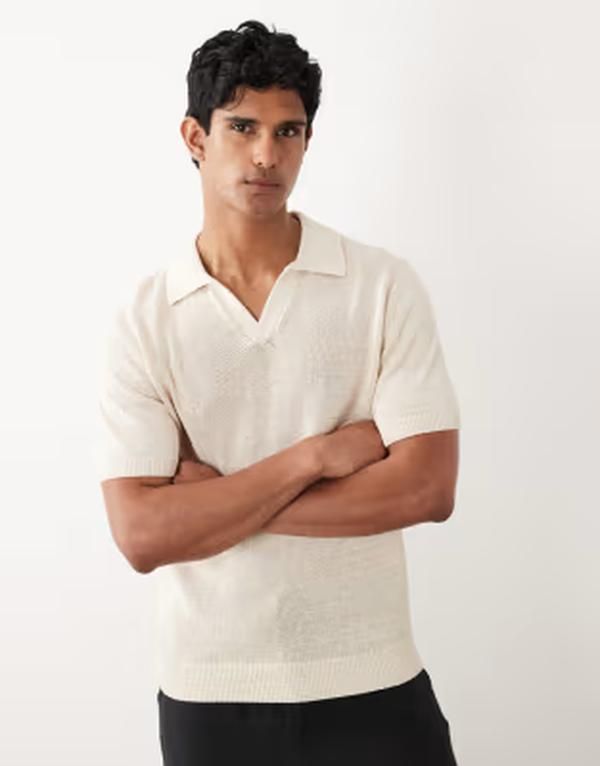 マンゴ メンズ トップス ポロシャツ コットン ニット Mango cotton mix knitted short sleeve revere neck poloshirt in ecru エクリュ