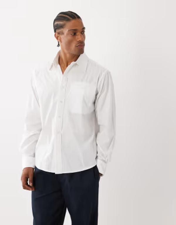 ファーラー メンズ トップス シャツ ロゴ Farah Archive Rubin long sleeve oversized poplin logo shirt WHITE ホワイト
