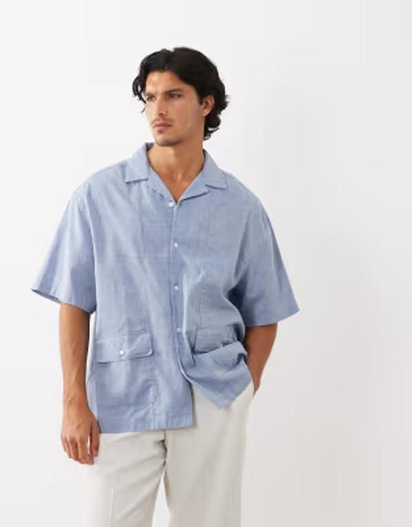 エイソス メンズ トップス シャツ ASOS DESIGN oversized revere stripe shirt BLUE ブルー