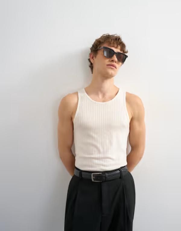 トップマン メンズ トップス ベスト リラックスフィット リブ シアー Topman relaxed fit sheeribbed tank in ecru エクリュ
