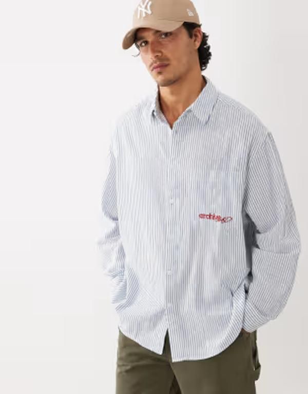 エイソス メンズ トップス シャツ ASOS DESIGN oversized stripe shirt with chest embroidery WHITE ホワイト