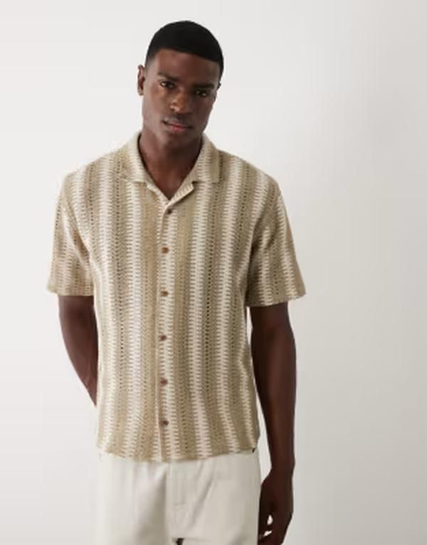 スリードベア メンズ トップス シャツ コットン Threadbare cotton mix textured short sleeve shirt in stone and ecru stripe STONE ストーン