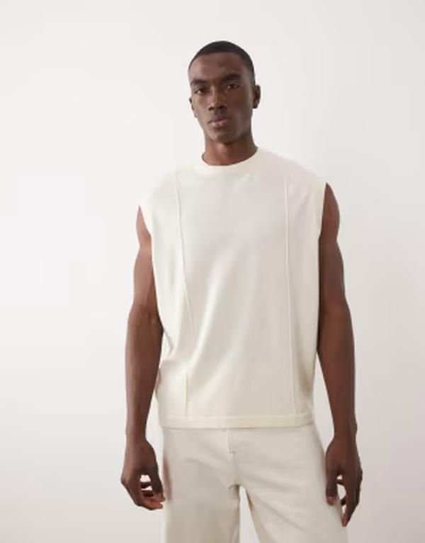 エイソス メンズ トップス ベスト ニット ASOS DESIGN oversized knitank with piping detail in ecru WHITE ホワイト