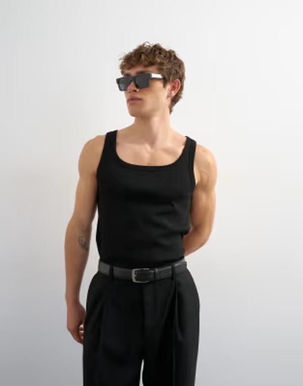 トップマン メンズ トップス ベスト リブ Topman premium square neck ribbed tank top Black ブラック