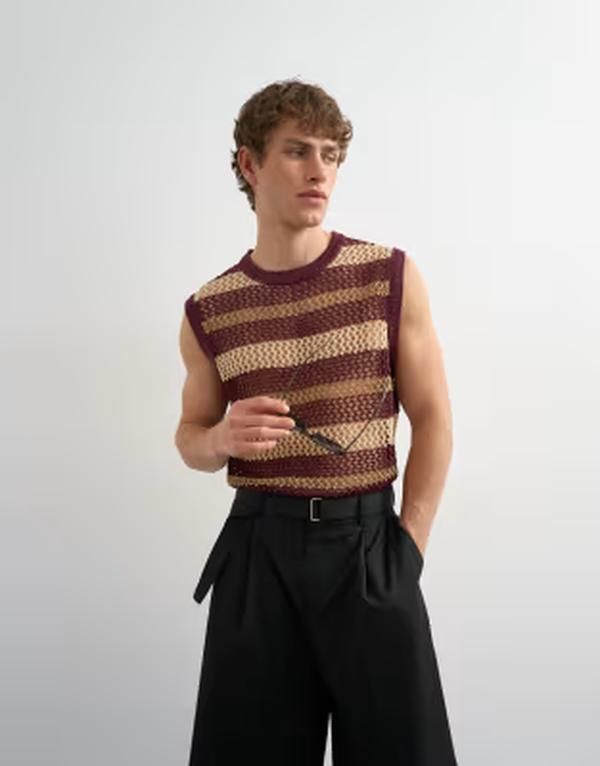 トップマン メンズ トップス ベスト リラックスフィット ニット Topman relaxed fit knit crochet stripe tank Burgundy バーガンディ