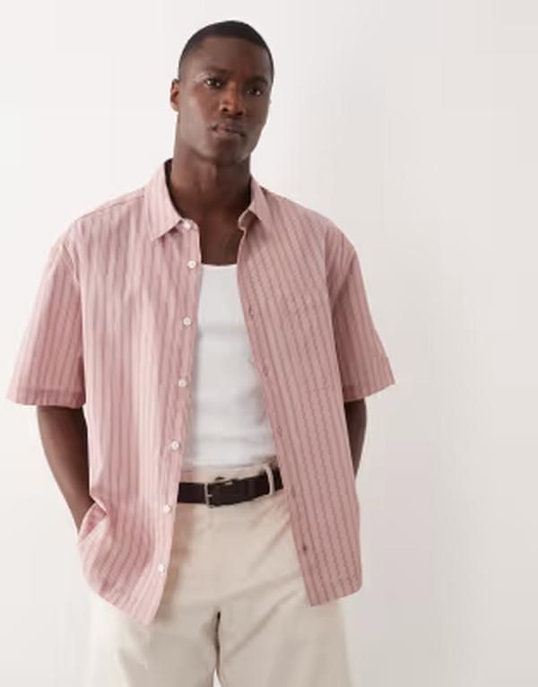 エイソス メンズ トップス シャツ ASOS DESIGN oversized stripe shirt PINK ピンク