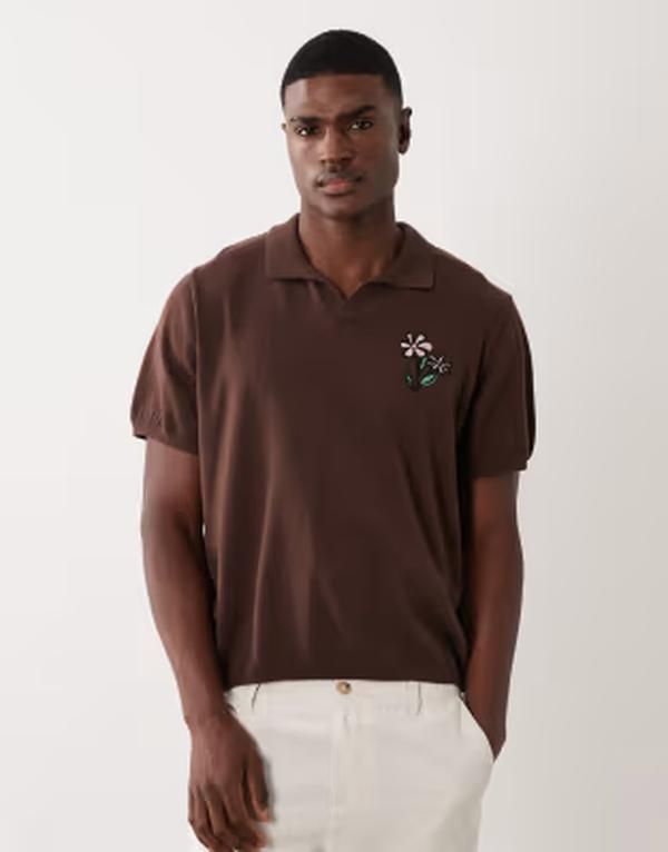 エイソス メンズ トップス ポロシャツ ニット ASOS DESIGN oversized knit short sleeve notch neck polo with flower embroidery BROWN ブラウン 13,460円