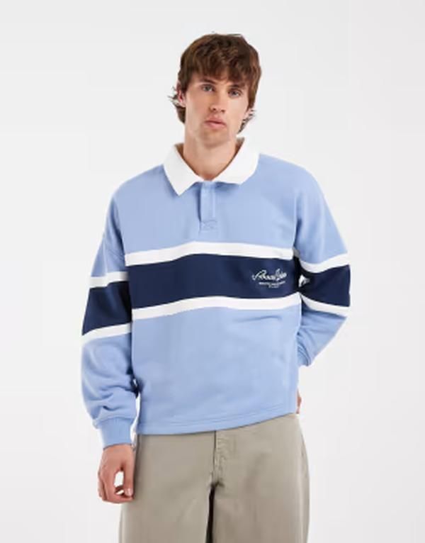 コットンオン メンズ トップス ポロシャツ クロップド フリース グラフィック Cotton cropped fit graphic fleece polo in riviera blue ブルー