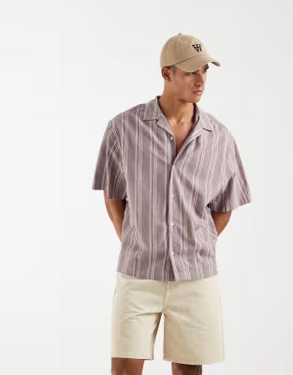 エイソス メンズ トップス シャツ リネン ASOS DESIGN oversized linen look striped shirt BROWN ブラウン