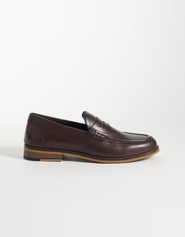 エイソス メンズ シューズ スリッポン・ローファー レザー ASOS DESIGN penny loafers leather BROWN ブラウン