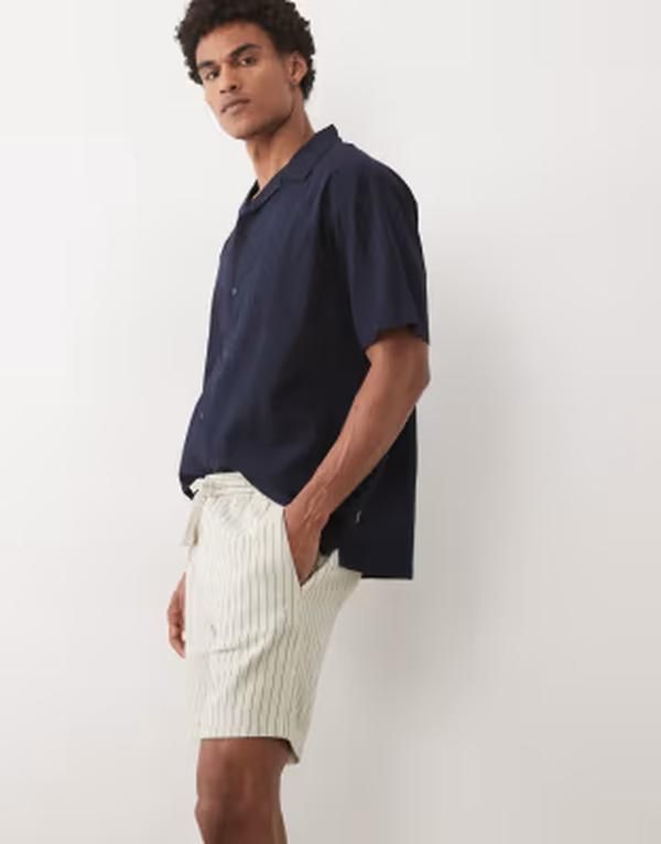 スリードベア メンズ ボトムス ハーフパンツ・ショーツ ショートパンツ Threadbare pull on striped shorts in ecru STONE ストーン